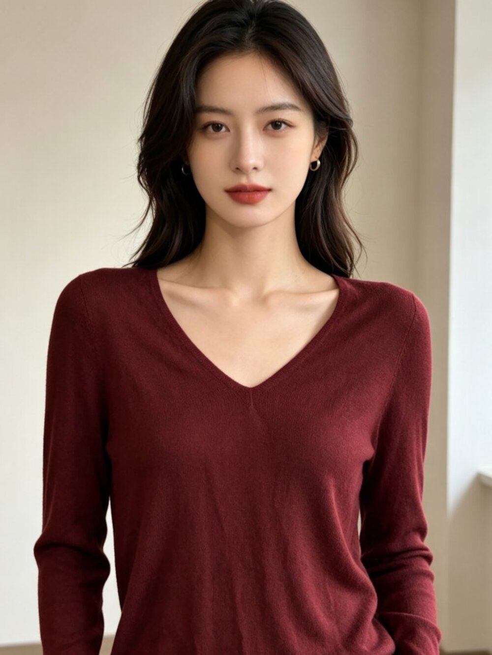 Classic Burgundy V-Neck Lightweight Knit Sweater | Long Sleeve Minimalist